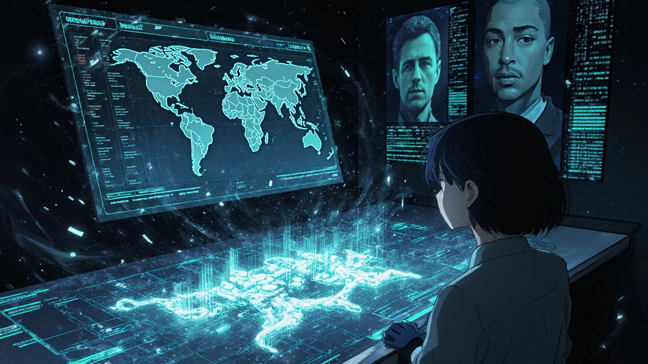 AI interface displaying data storms and a fracturing API plant, with patient faces flickering in holograms around an analyst.