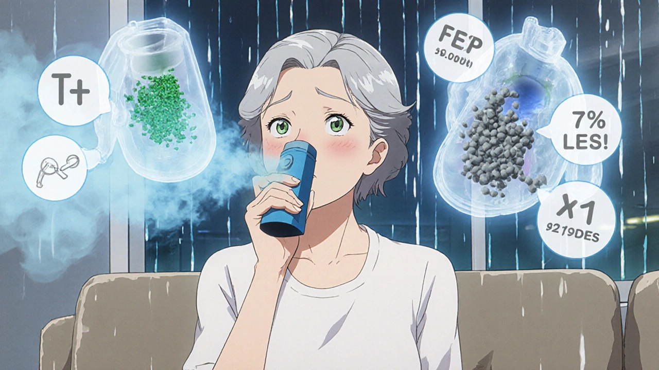 An elderly woman using an inhaler, with a translucent overlay showing less medicine reaching her lungs.
