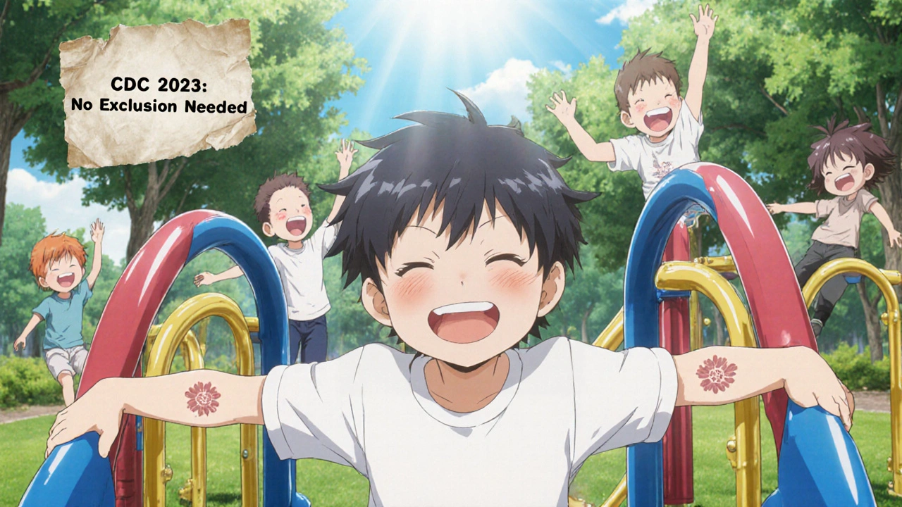 Child smiling on a playground slide, molluscum bumps visible but no longer stigmatized, others playing happily around.