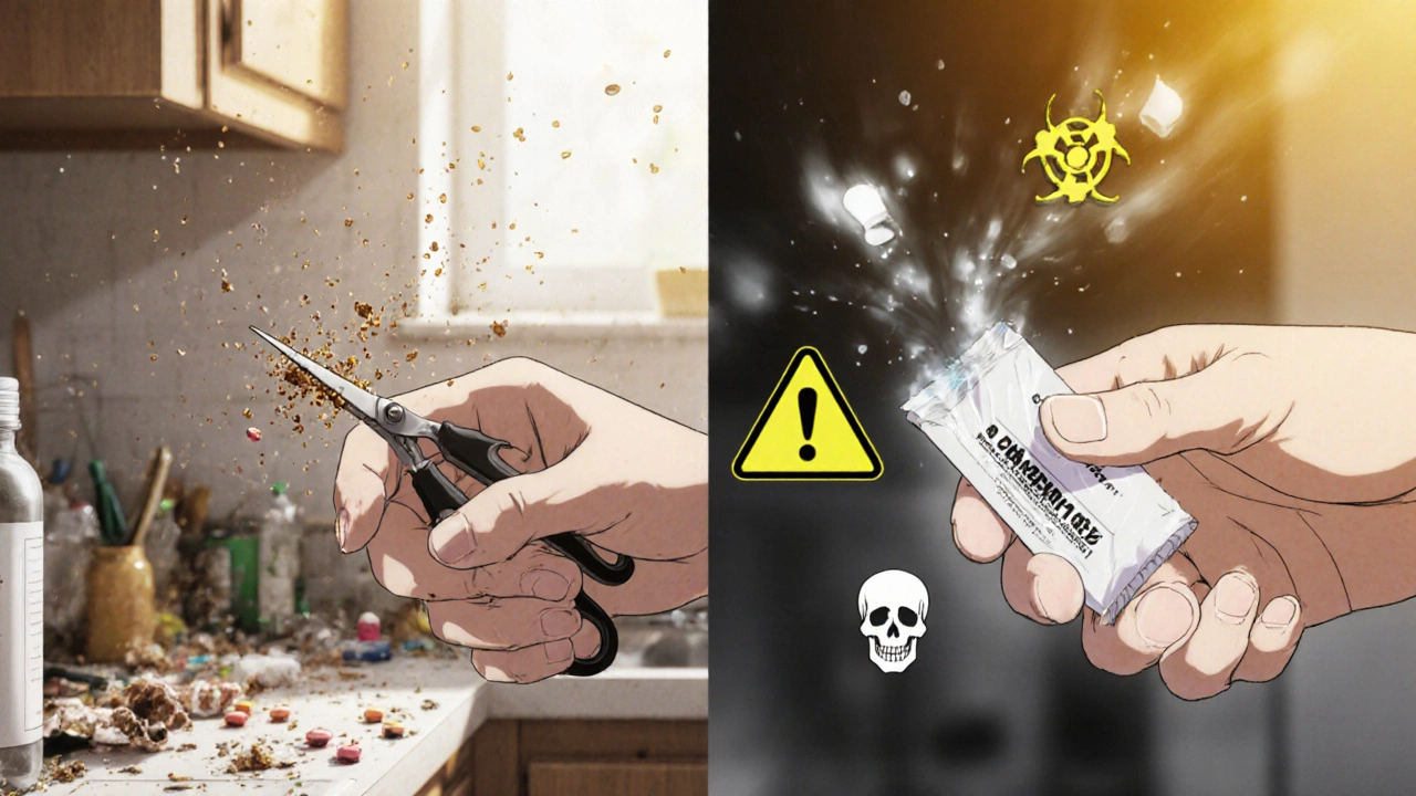 Contrasting scenes: unsafe pill crushing vs. safe splitting with proper tools and hygiene.