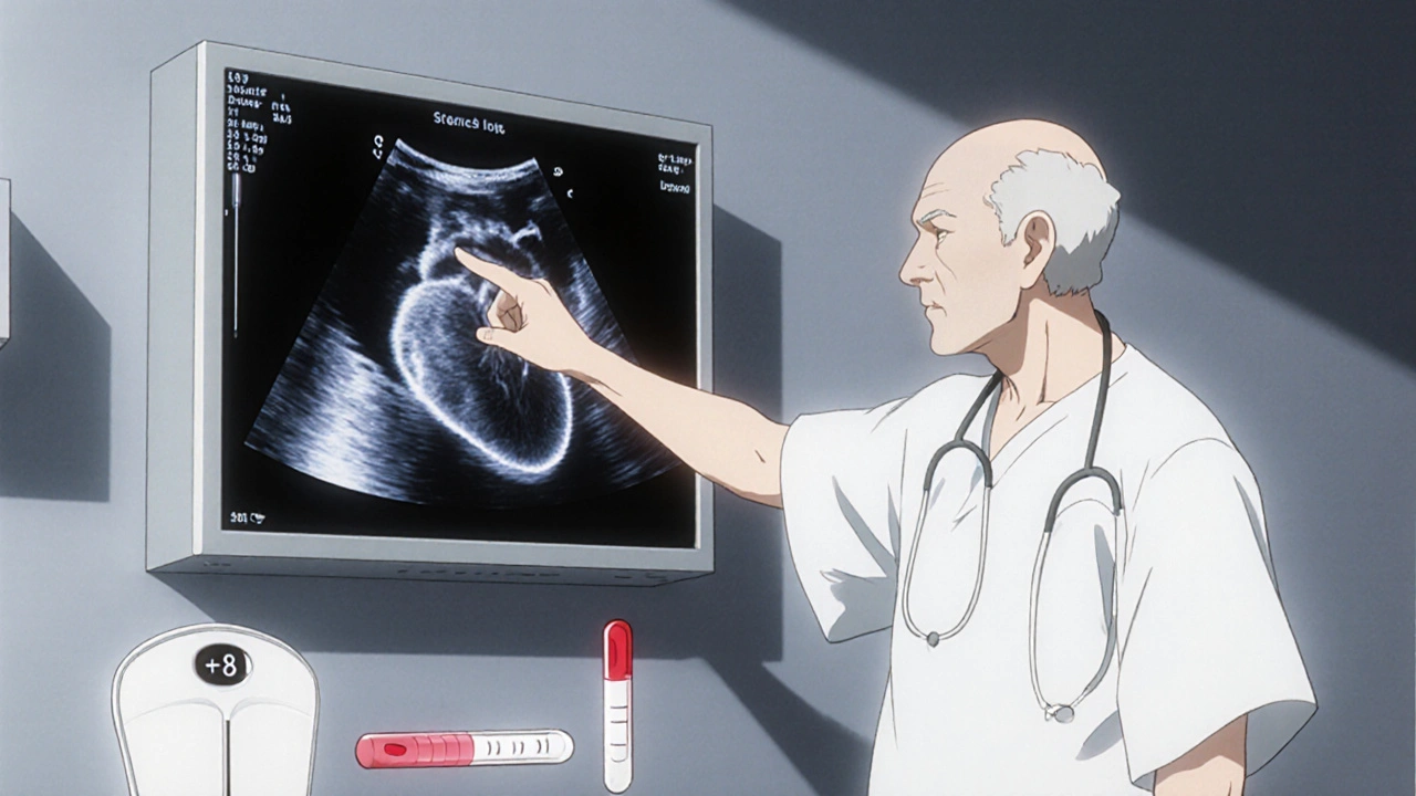 Doctor showing echocardiogram to patient, scale and urine test in frame