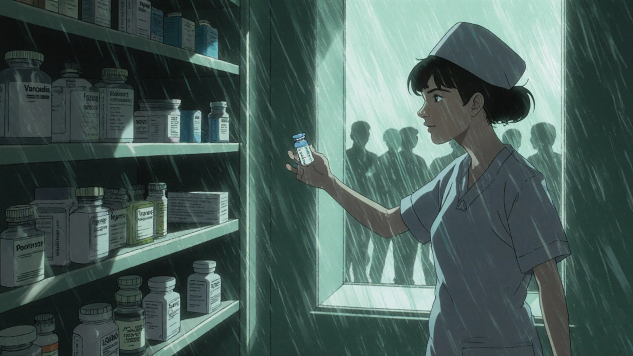 Empty pharmacy shelf in a hospital with a nurse reaching for a single vial, patients visible through a rain-streaked window.