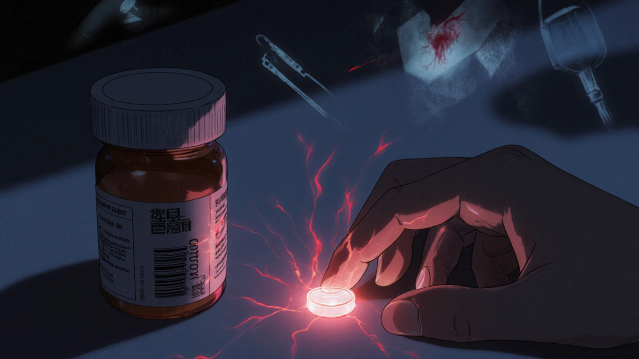 Garlic pill next to blood thinner bottle with glowing warning veins