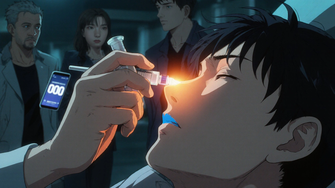 Hand administering naloxone nasal spray to unresponsive person with blue lips