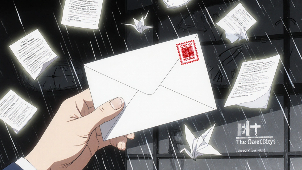Hand mailing a certified appeal letter with floating medical documents around it.