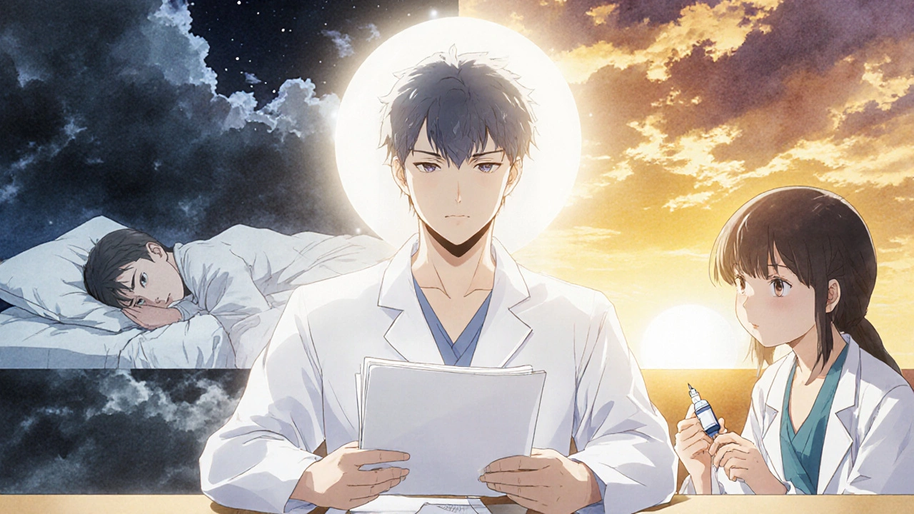 Independent doctors reviewing a patient&#039;s case under a glowing light with peaceful and stormy scenes behind them.