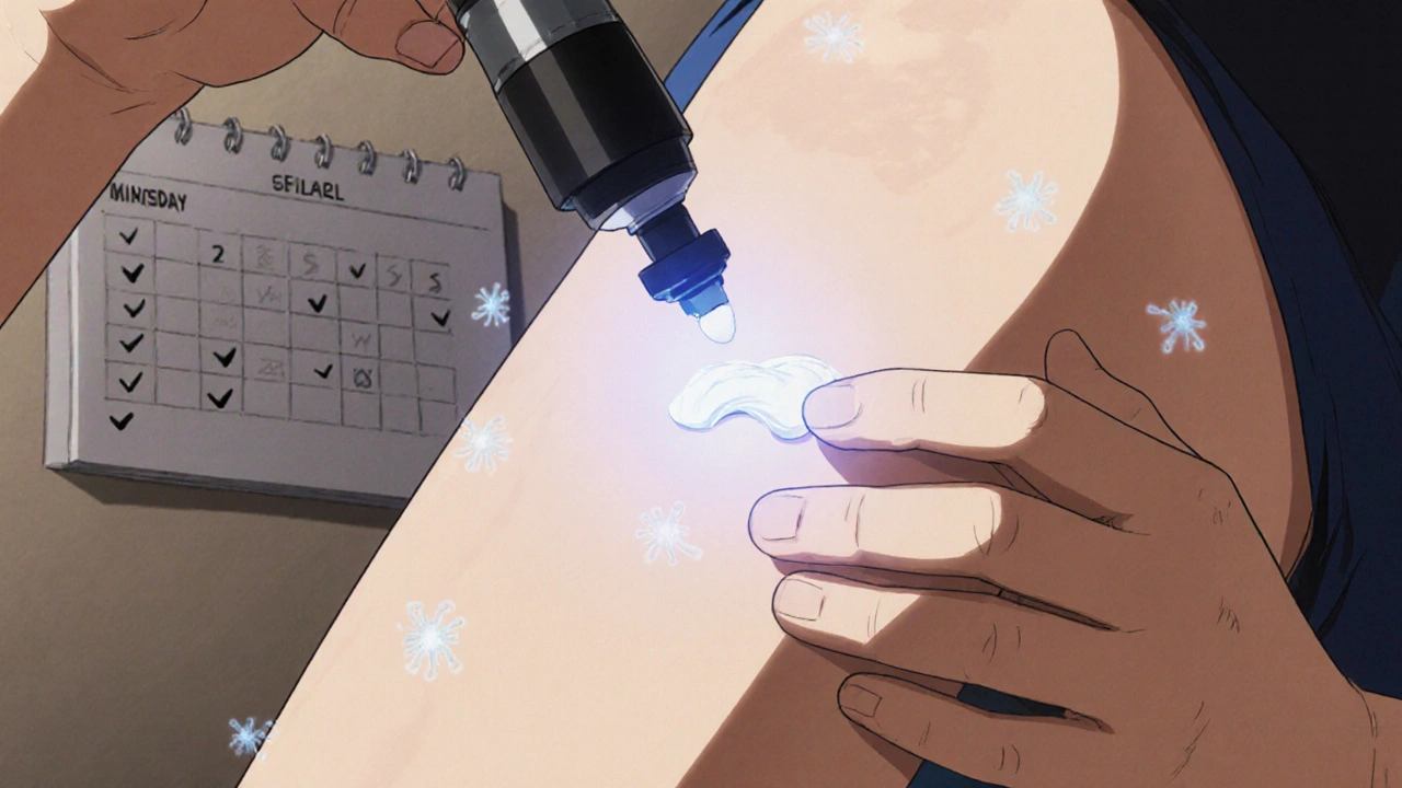 Parent gently applying cream to a child&#039;s bump with a dermatoscope nearby, warm lighting, peaceful atmosphere.