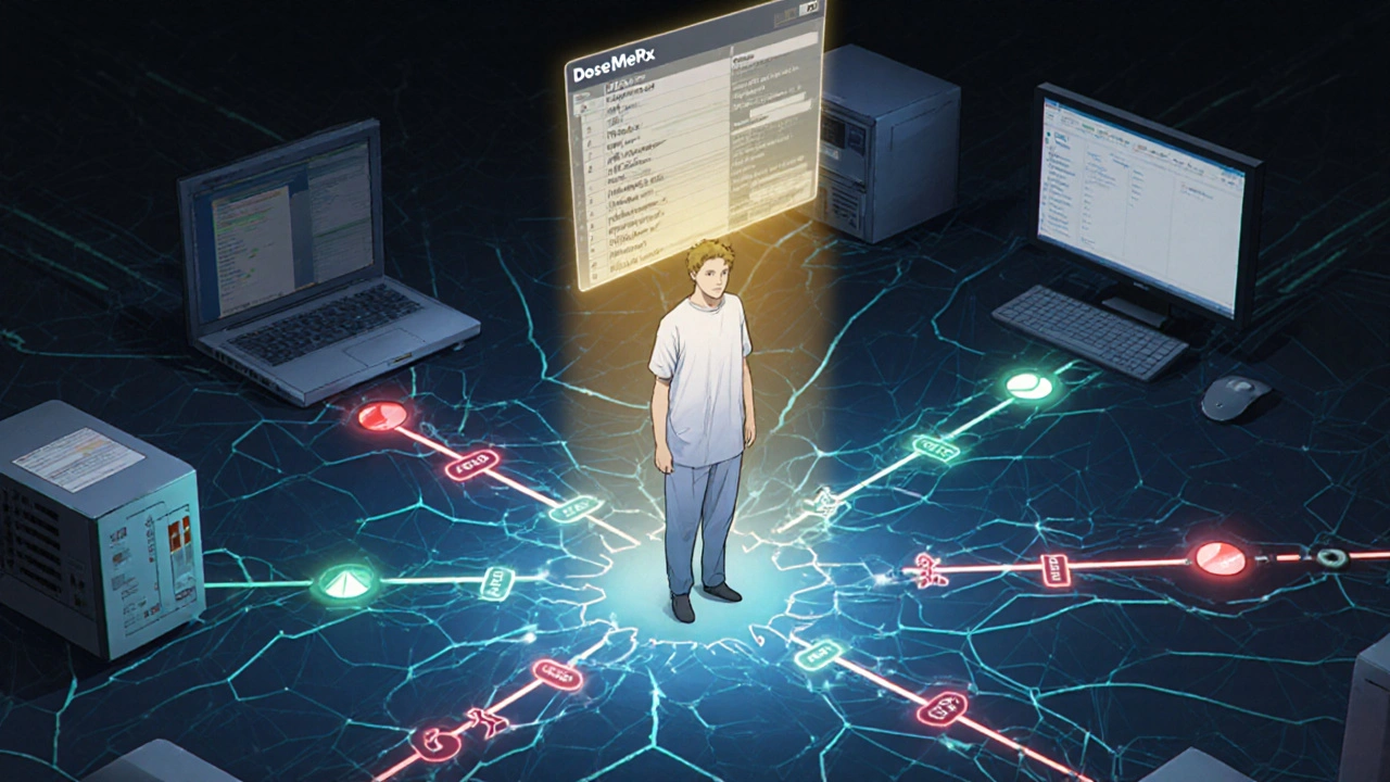 Patient at the center of broken health systems, with AI tool casting a healing light over their medication list.