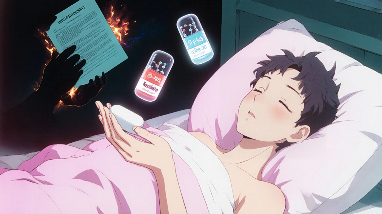 Patient holding generic and brand pills with identical molecular structures glowing inside, symbolizing equal effectiveness.