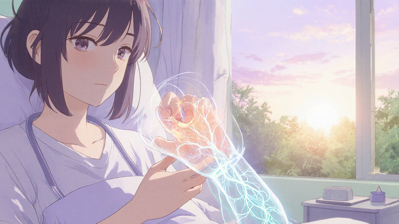 Patient recovering from carpal tunnel surgery gently squeezing therapy putty with glowing nerve repair.