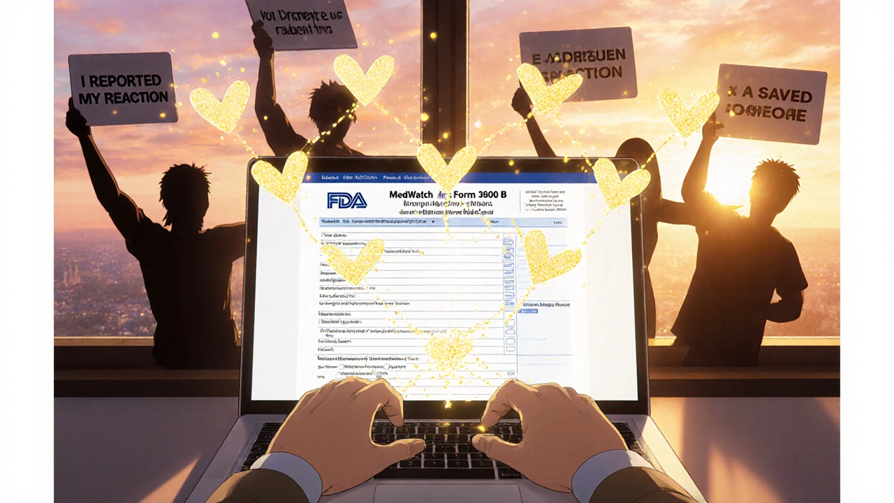 Patient submitting MedWatch report as golden heart particles rise, symbolizing patient-powered safety.