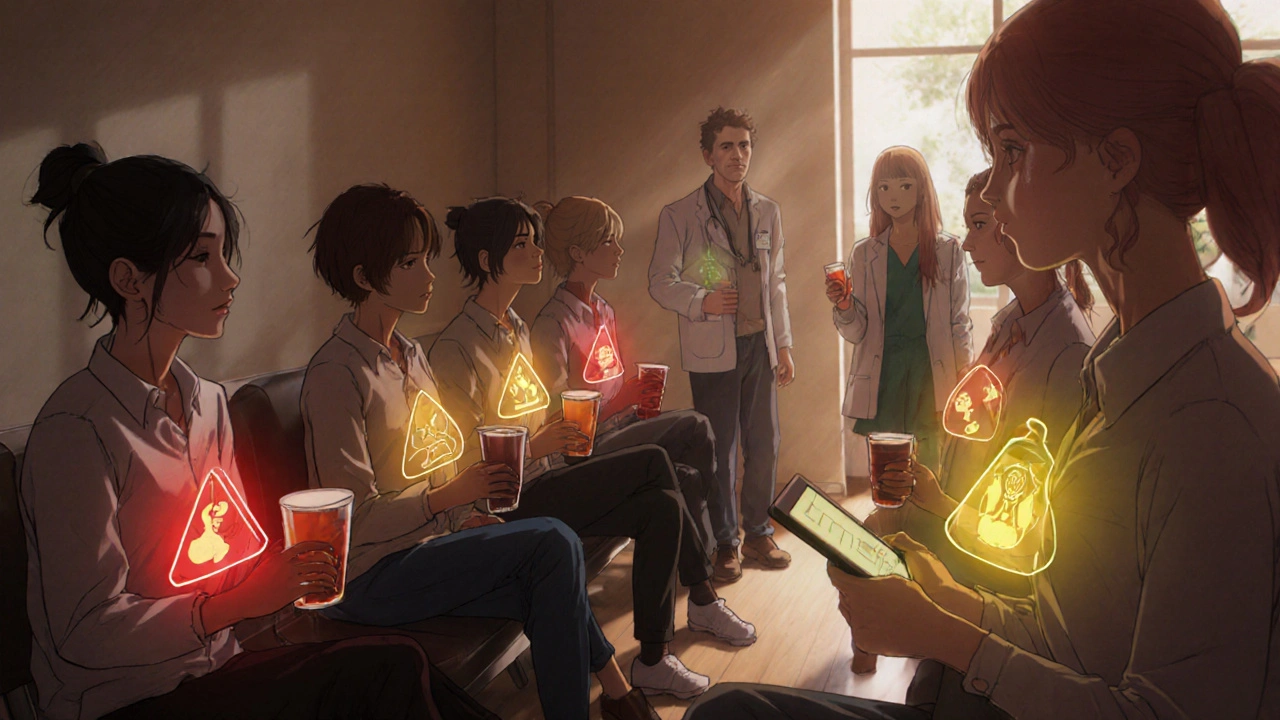 People in a clinic holding herbal supplements with color-coded risk indicators