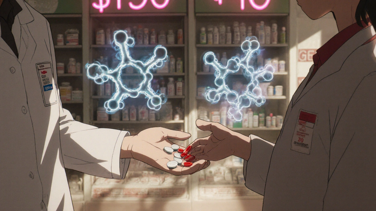 Pharmacist giving brand and generic pills with floating molecular holograms in a pharmacy.