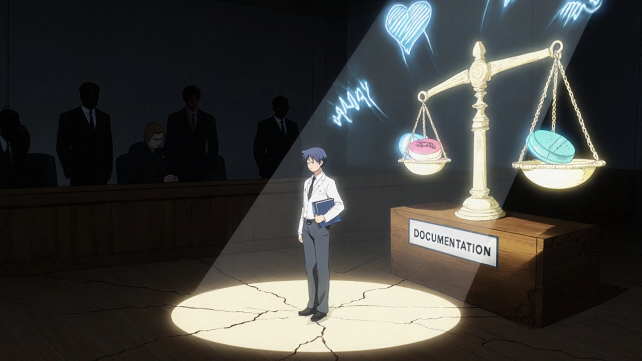 Pharmacist in courtroom holding documentation binder, shadowy manufacturers behind, patient symptoms floating above.