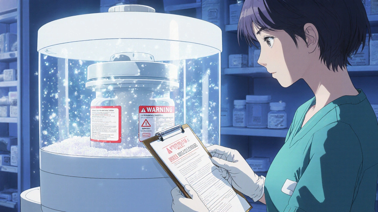 Pharmacist operating a sealed hazardous drug crusher in a care home pharmacy.