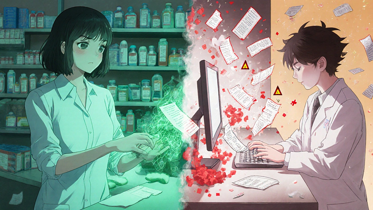 Pharmacist receiving clean digital prescriptions vs. another struggling with manual data entry and floating errors.