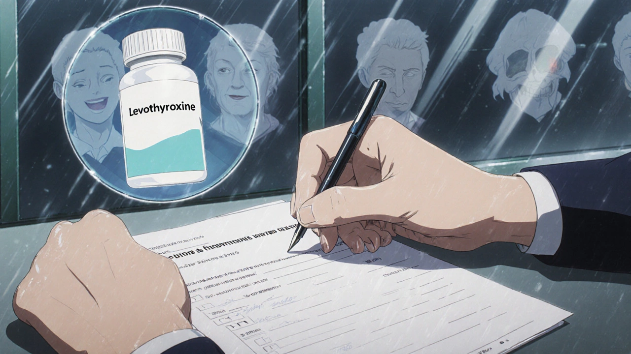 Pharmacist signing consent form with glowing NTI drug label and faint patient silhouettes around them.