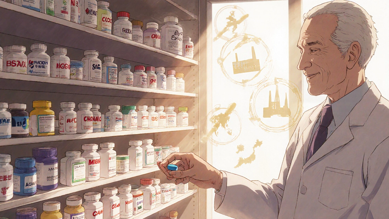 Pharmacy shelf with many differently colored generic pills being handed to a patient by a pharmacist.