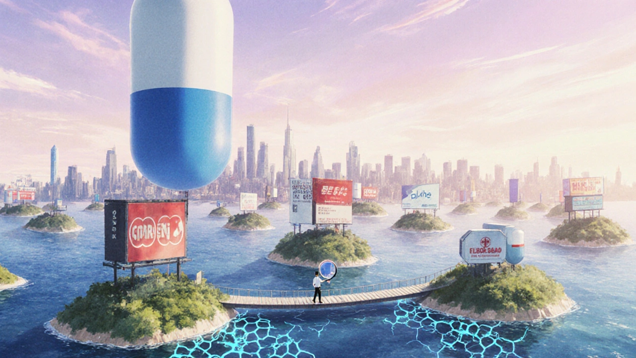 Pill islands connected by a bridge, patient examining identical molecular structures beneath.