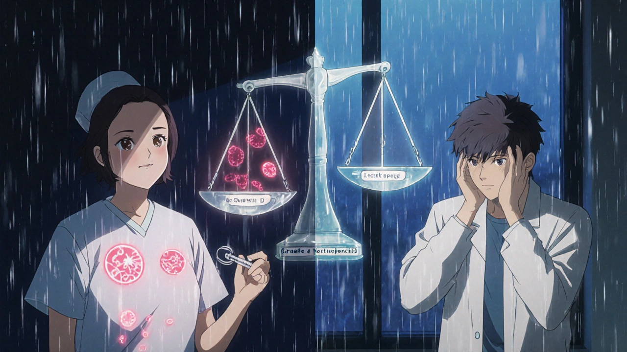 Split scene: one patient calm with low blood cells, another panicking over headache, with FDA vs CTCAE scale above.