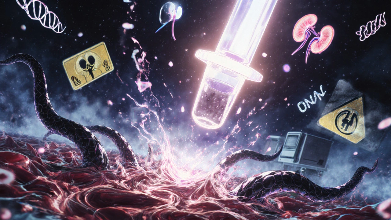 Toxic serpents in bloodstream being destroyed by glowing fomepizole vial