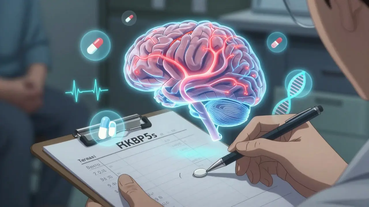 A doctor adjusting a steroid taper plan with a glowing brain overlay showing chemical imbalances and genetic markers.
