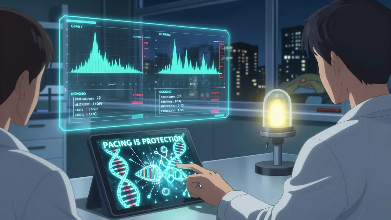 A lab scene with holographic exercise test graphs and a patient’s hand reaching toward a screen reading 'PACING IS PROTECTION'.