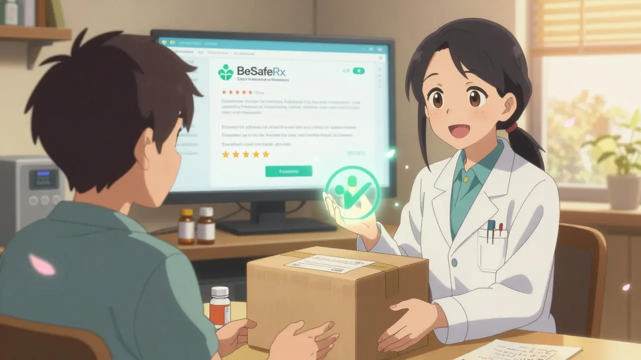 A patient receives medicine from a licensed pharmacy as a gentle pharmacist spirit holds a verification icon.