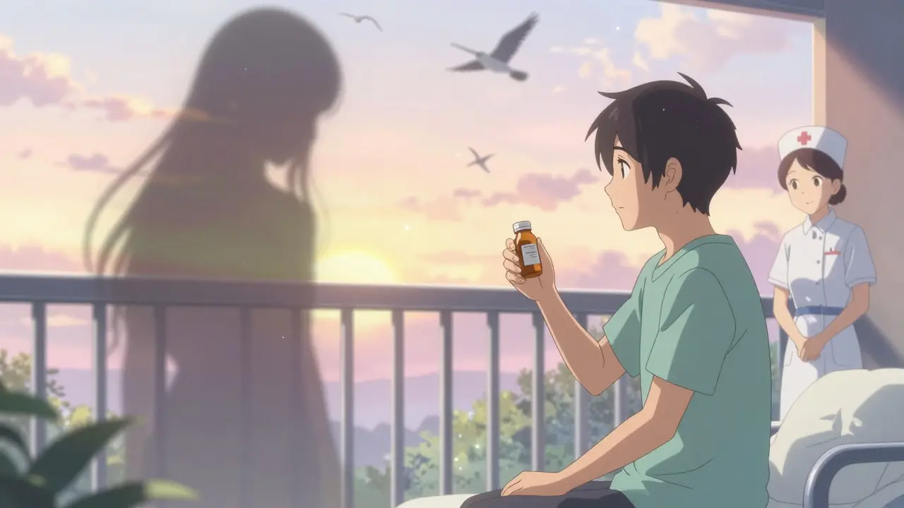 A patient recovering at sunrise, the ghost of their former psychotic self fading away as calm light fills the scene.