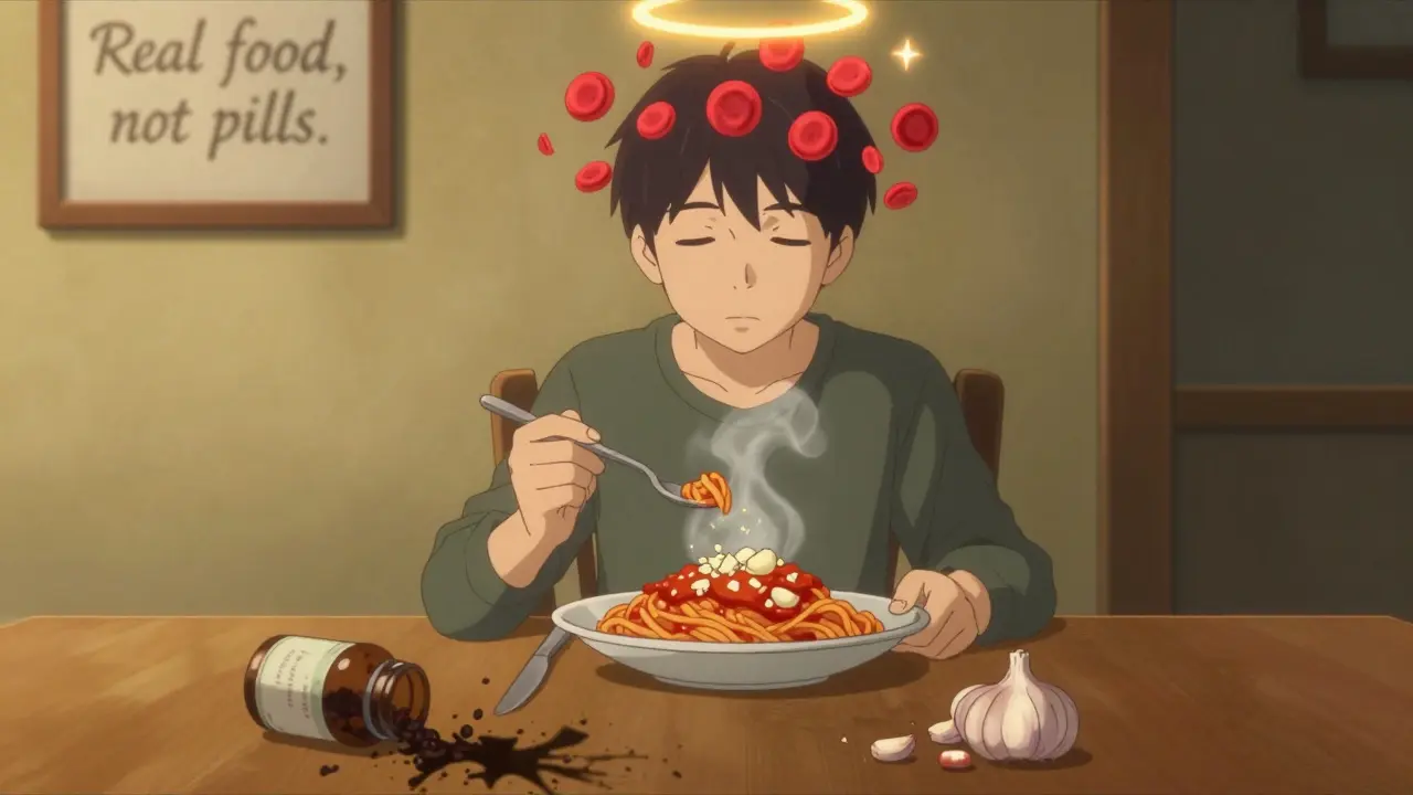 A person eating pasta with fresh garlic, surrounded by healthy blood cells, while supplement bottles crumble below.