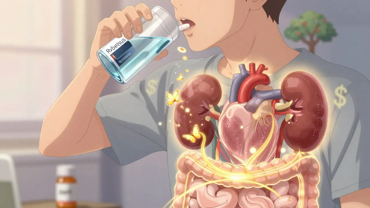 A person swallowing an oral GLP-1 pill as golden hormone trails activate protective organs.