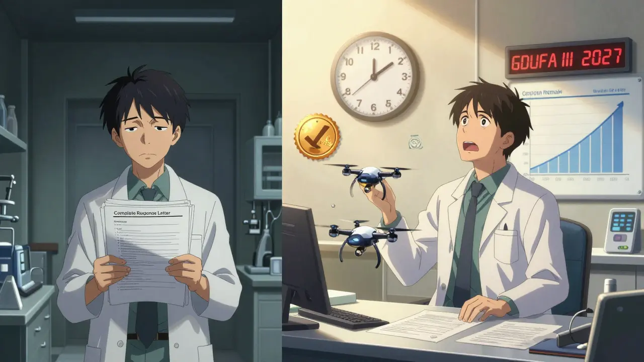 A pharmaceutical engineer transitions from a dim, rejected application scene to a bright, AI-assisted approval room.