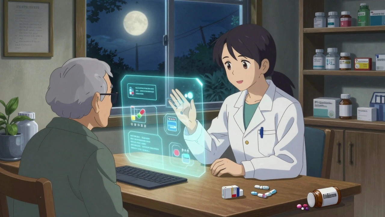 A pharmacist guides an elderly patient through a video call, with floating drug warnings as moonlight illuminates unused pills on a table.