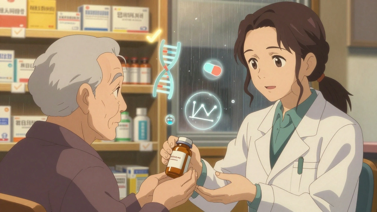 A pharmacist hands a generic medication to an elderly patient, their connected gaze radiating trust and understanding.