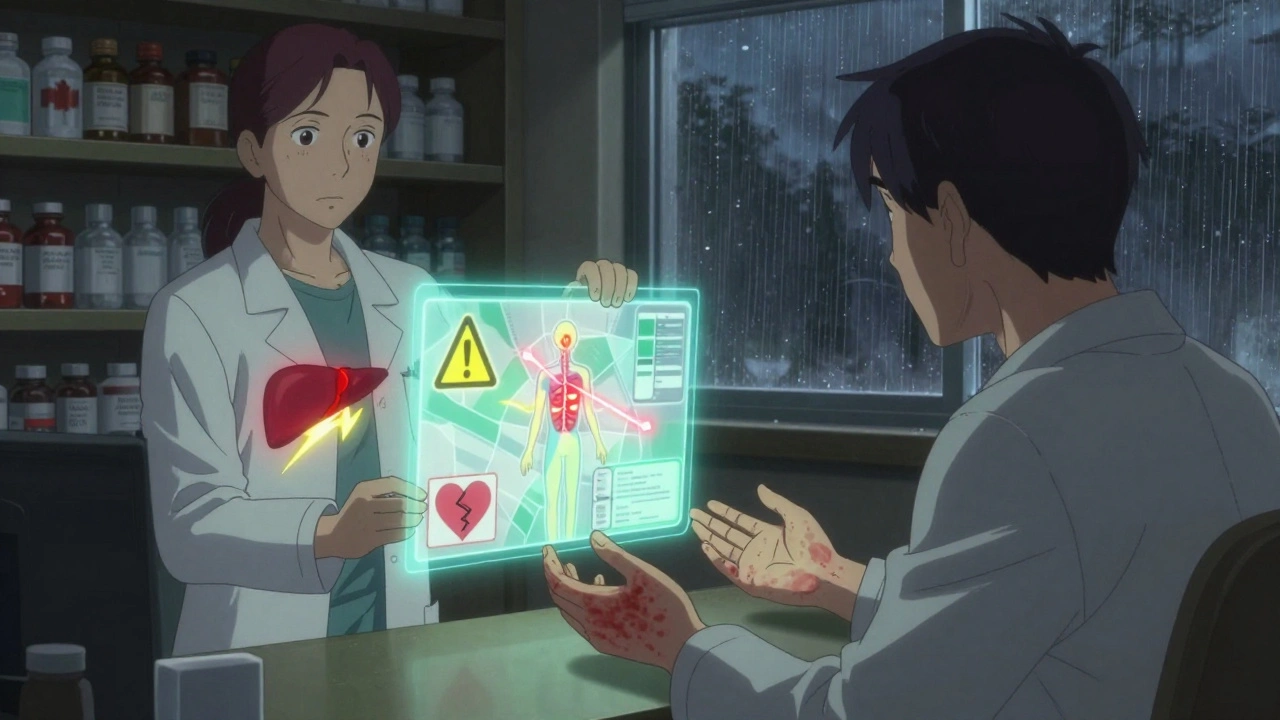 A pharmacist showing a patient a glowing map of drug interactions affecting their organs in a pharmacy.