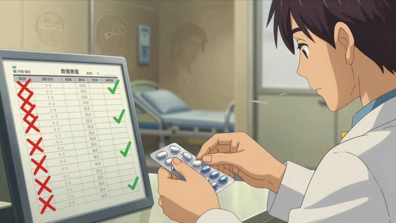 A pharmacist sorts pills into a blister pack, with before-and-after medication lists visible in a split-screen visual.