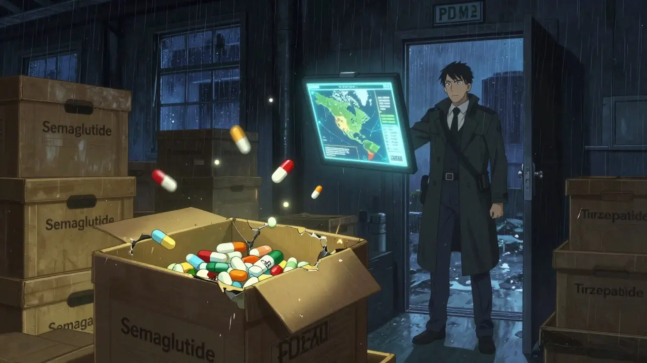A shadowy warehouse with counterfeit drugs opens to reveal mismatched pills, lit by a DEA agent's glowing tablet.