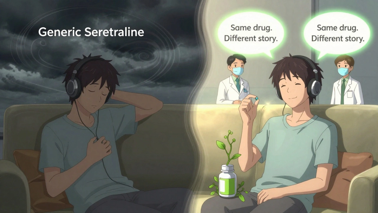 A split scene shows the same person feeling ill with a generic drug on one side, and calm and well on the other, symbolizing perception change.