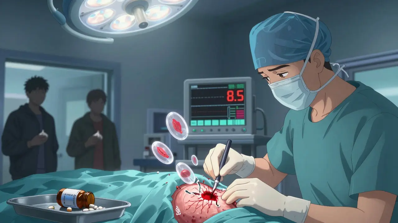A surgeon paused in surgery as fractured platelets float around the wound, with a high INR reading on a monitor.