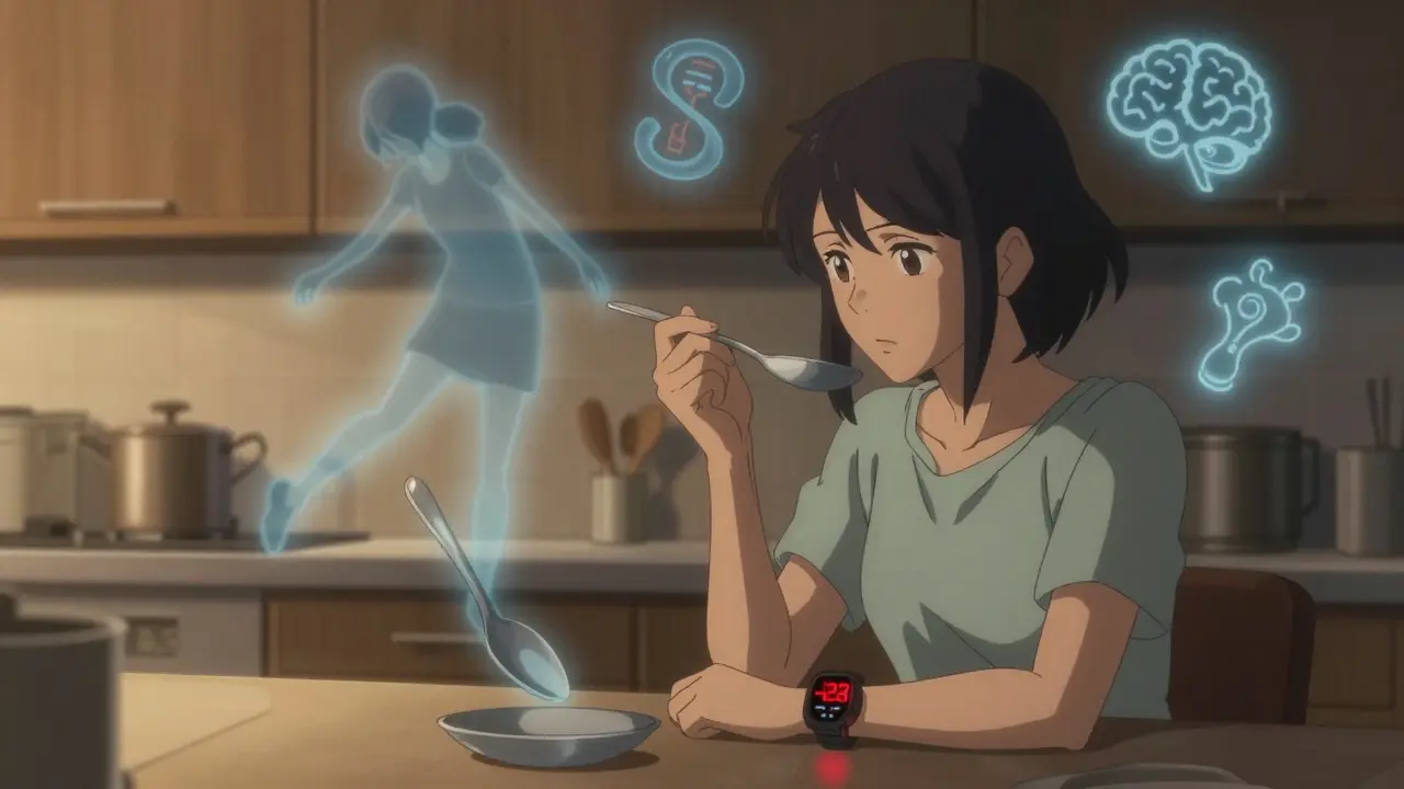 A woman with a heart rate monitor and floating spoons representing limited energy, one version of herself collapsing in exhaustion.