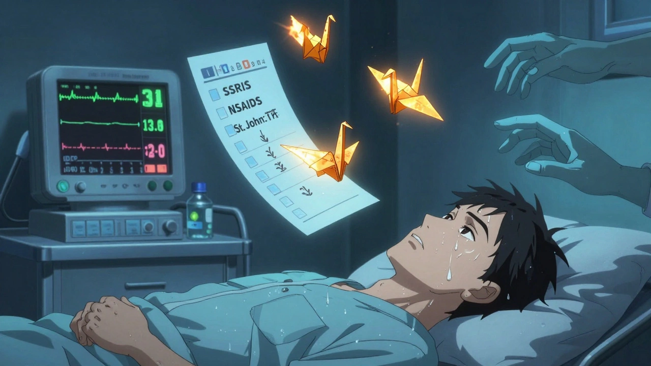 An unconscious patient in an ER with floating medication labels glowing with warning symbols.