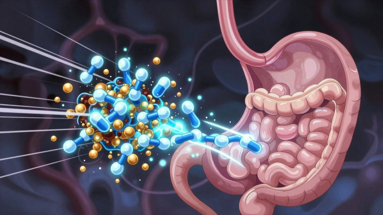 Chemical reaction in the stomach where magnesium ions bind to bisphosphonate molecules.