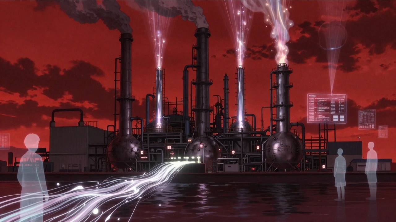 Chinese pharmaceutical plant emitting glowing APIs flowing across oceans