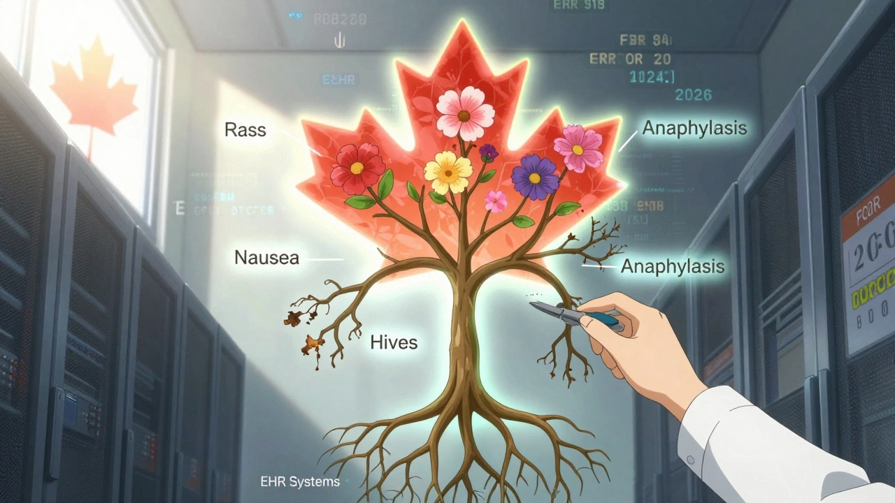 Digital tree in server room with only true allergy branches blooming, hand pruning false ones.