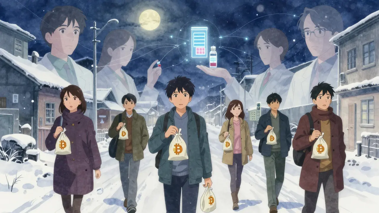 Diverse individuals walking home at night with behind-the-counter medications under moonlight.