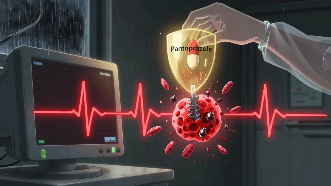 ECG line with clumping platelets around a stent, protected by a golden shield from pantoprazole.