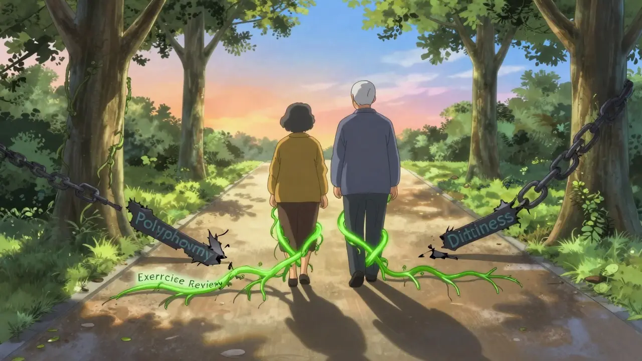 Elderly couple walking in park, safety vines growing from exercise and medication review, dangerous chains breaking.