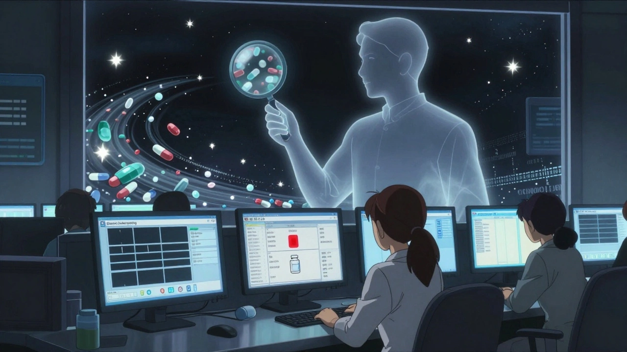 FDA analyst monitoring missing generic drug adverse event data on glowing screens.