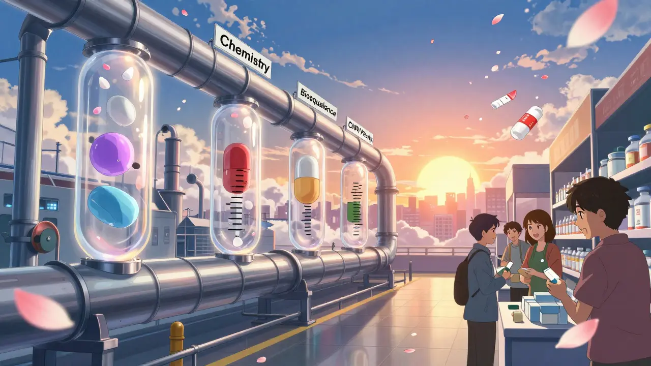 Generic drugs travel through a glowing pipeline to a sunlit city, passing FDA checkpoints in anime style.