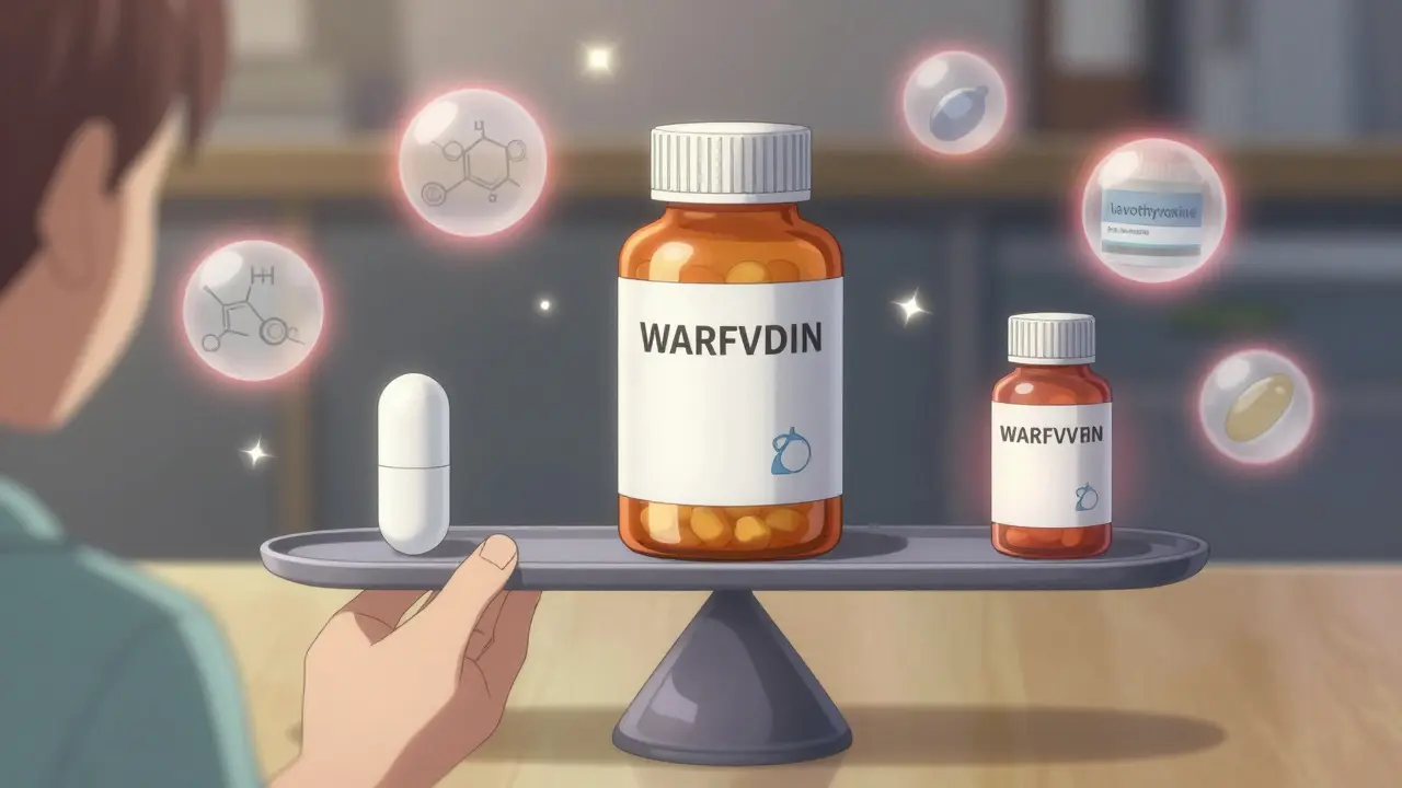 Generic pill glowing white on a scale balanced against a brand-name bottle, surrounded by medical icons.